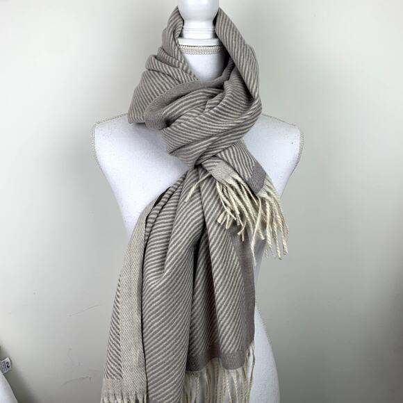 100% Cashmere Pashmina scarf *New* tan cream taupe pinstripe, beautiful soft - Picture 1 of 12
